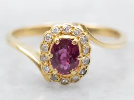 18K Gold Ruby and Diamodn Halo Bypass Ring