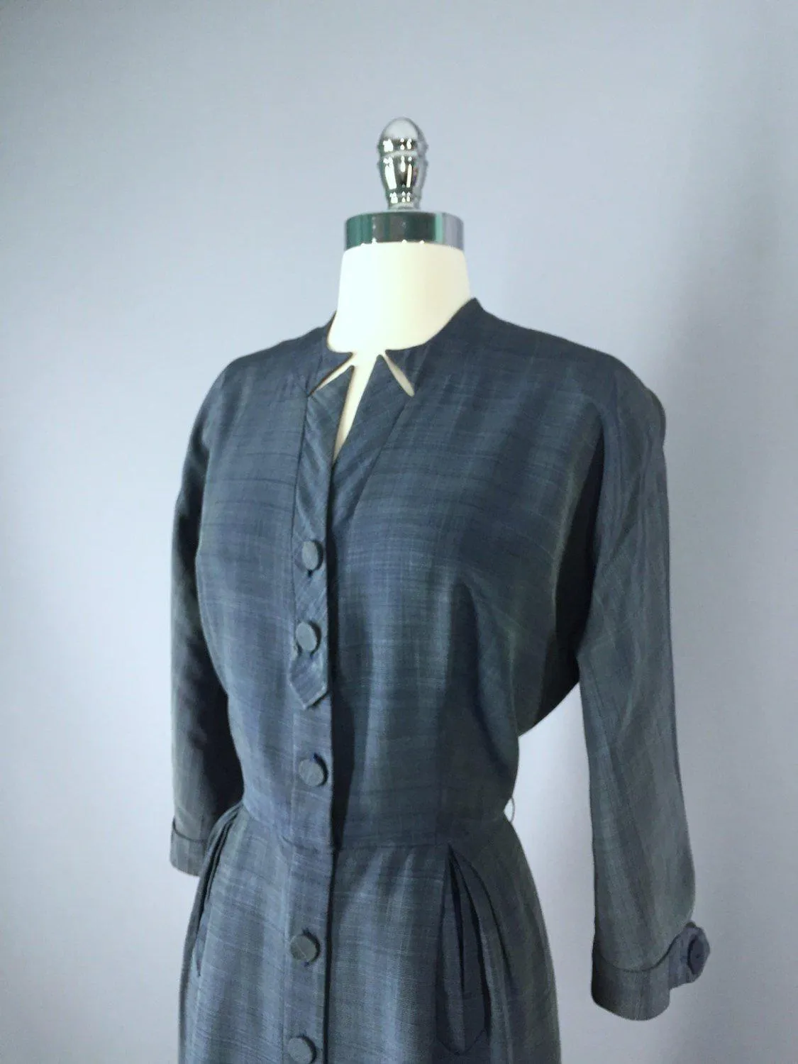 1950s Blue Grey New Look Vintage Day Dress