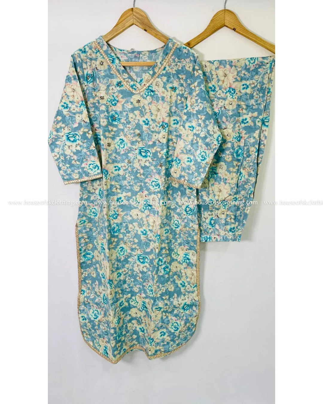 Aqua Blue Printed Kurta Set