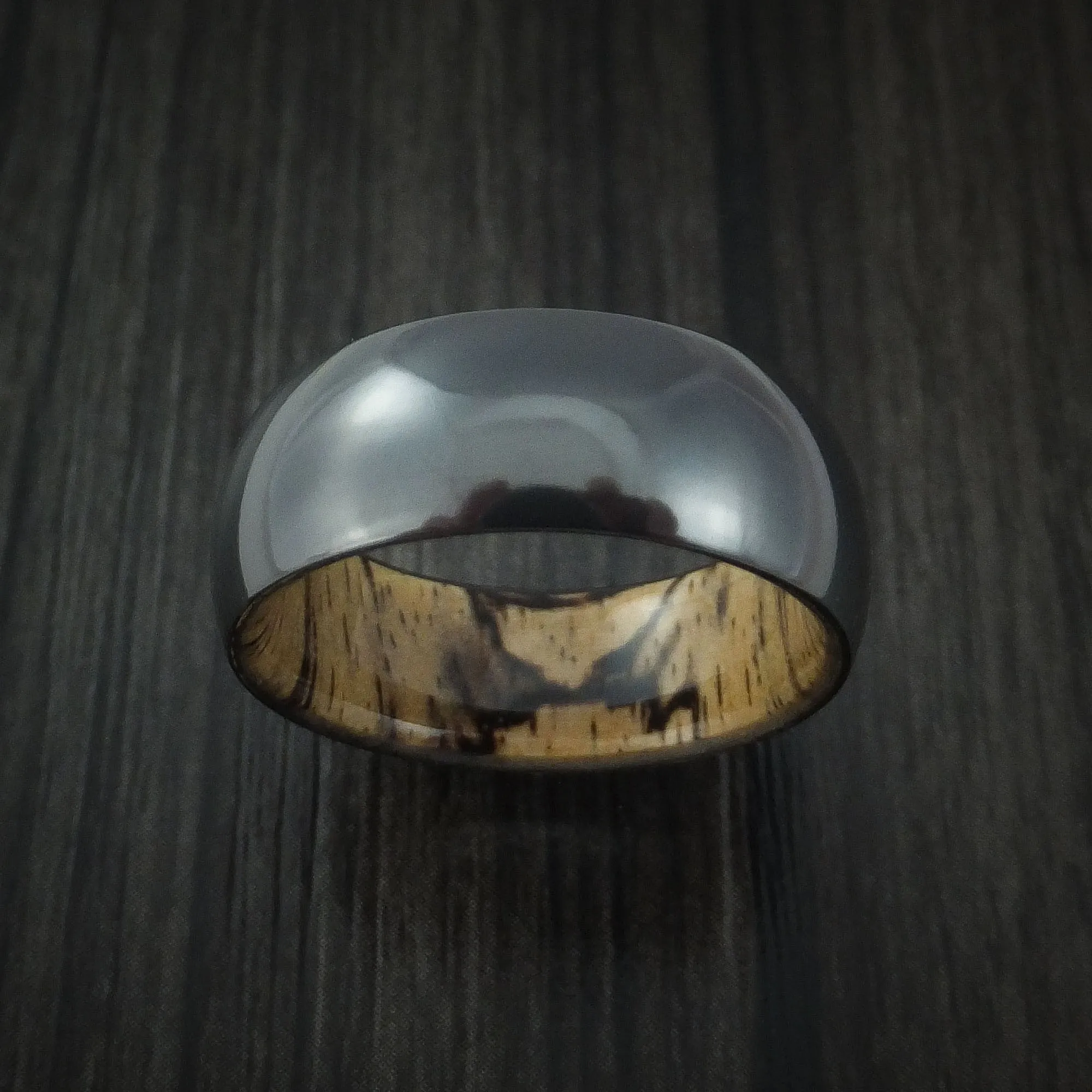 Black Titanium and Spalted Tamarind Wood Hard Wood Sleeve Men's Ring Custom Made