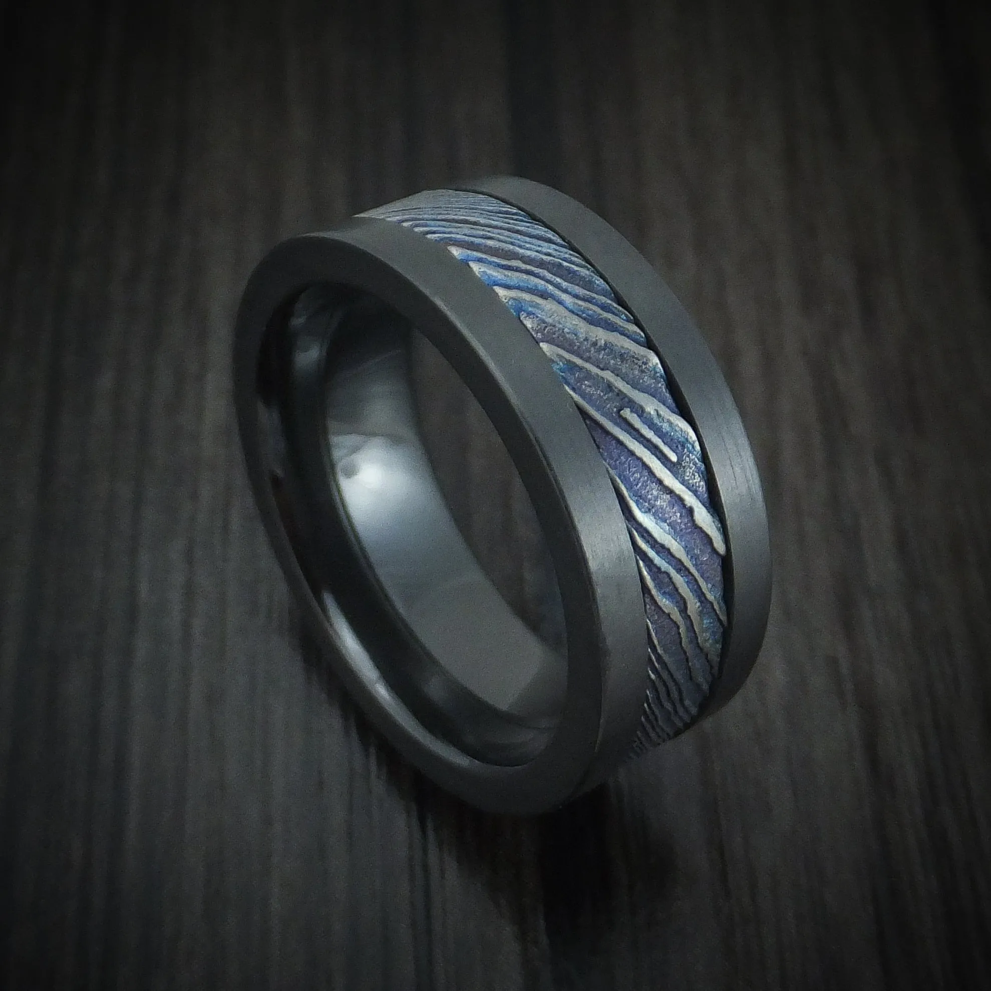 Black Zirconium and Kuro-Ti Twisted Titanium Etched and Heat-Treated Men's Ring Custom Made Band