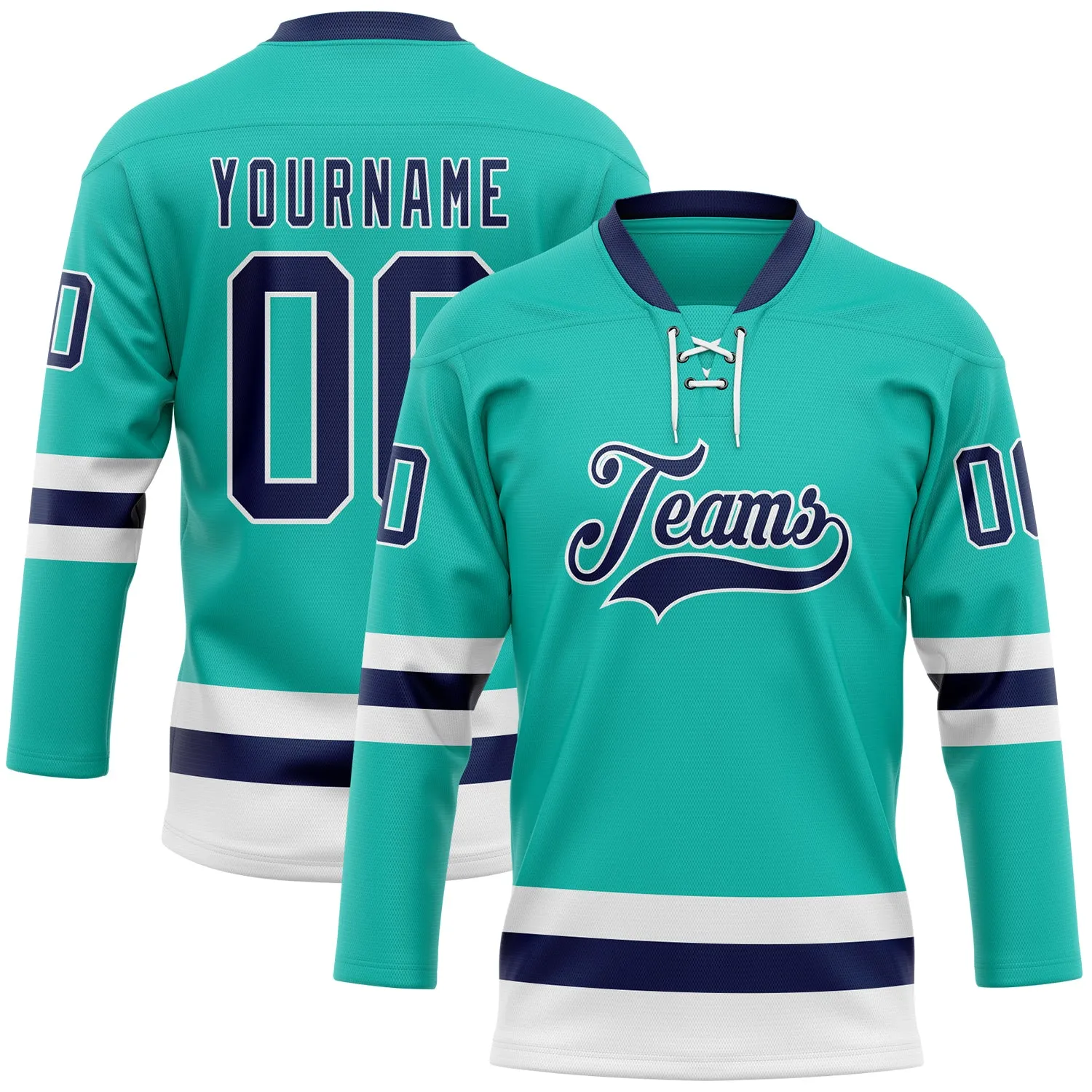 Custom Aqua Navy-White Hockey Lace Neck Jersey