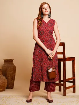 Ethnic Ajarakh Printed & Kantha Embroidered Straight Fit Kurta with Palazzo - Maroon