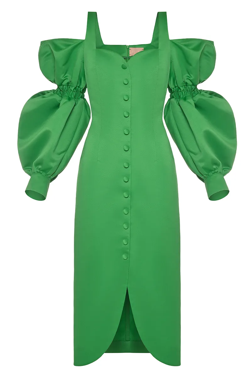 GREEN PUFF SLEEVES DRESS