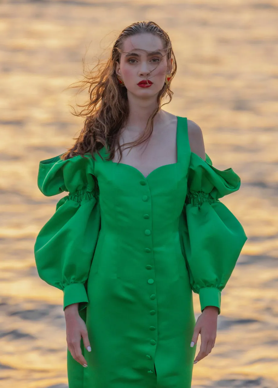 GREEN PUFF SLEEVES DRESS