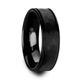 Hammered Black Tungsten Carbide Ring with Dual Offset Grooves and Polished Edges