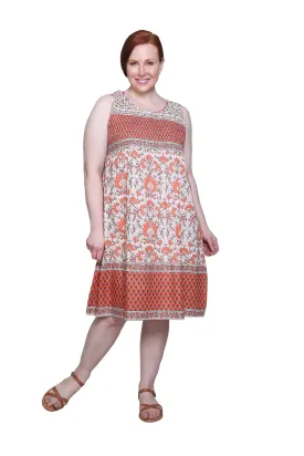 La Cera 100% Cotton Coral Floral Sleeveless Dress - Plus Size