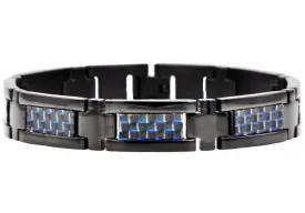 Mens Black Stainless Steel Bracelet With Black And Blue Carbon Fiber