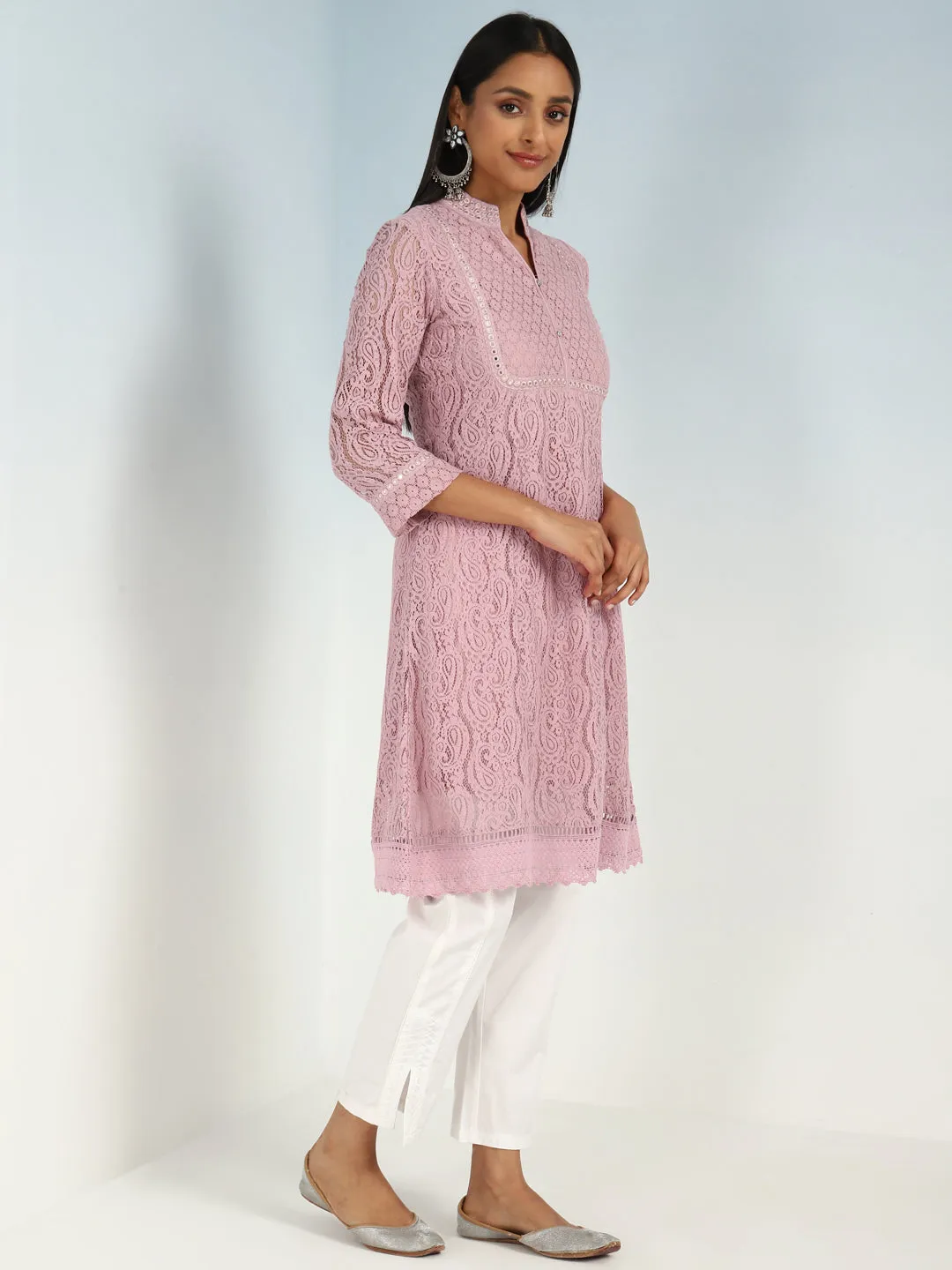 Mirror Work Pink Kurta with Floral Motifs