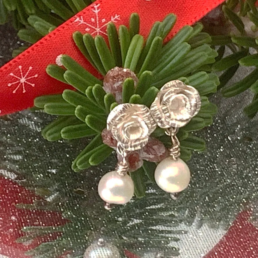 One of a kind,Sterling silver, Rose and Pearl stud earrings