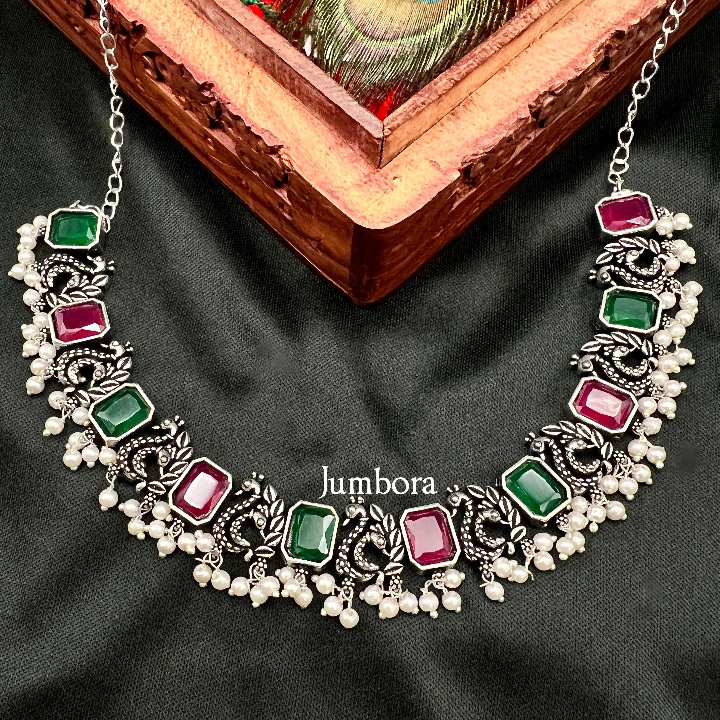 Oxidized German Silver Red and Green Stone Necklace set