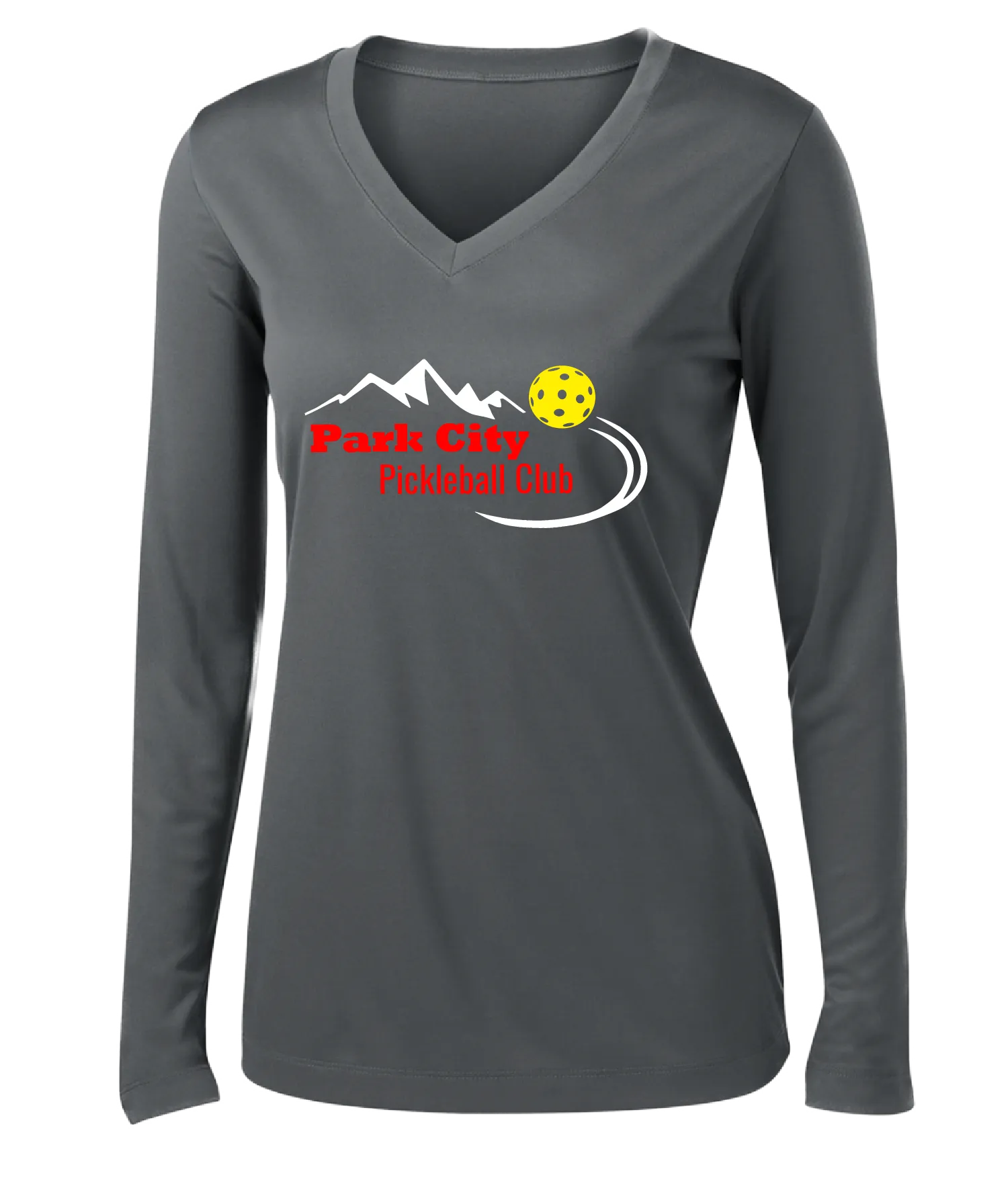 Park City Pickleball Club (Red) | Women's Long Sleeve V-Neck Pickleball Shirts | 100% Polyester