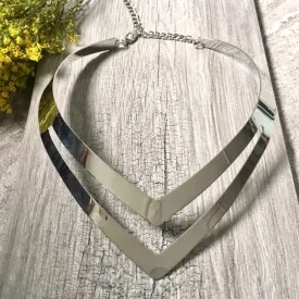 SHORT GEOMETRIC COLLAR SILVER MULTI LAYER METAL CHOKER NECKLACE