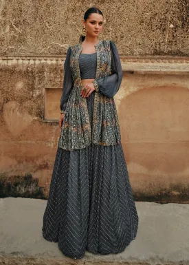 Slate Grey Chinnon Silk Jacket Style Designer Bridesmaid Lehenga