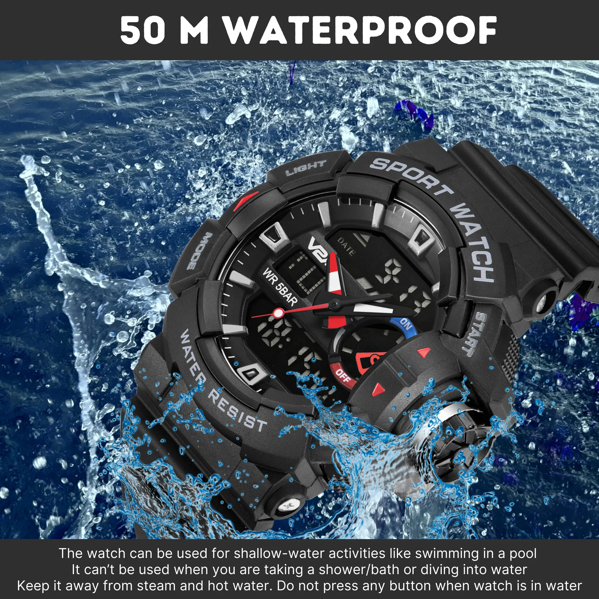 V2A Analog Digital 5ATM Waterproof Sports Watch for Men with Stopwatch, Alarm and Backlight | Case Size- 52mm