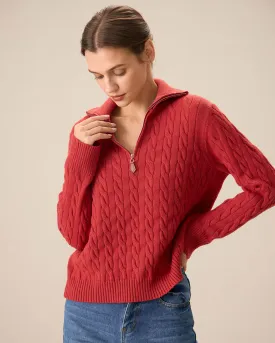 Women's Red Lapel Zipper Sweater