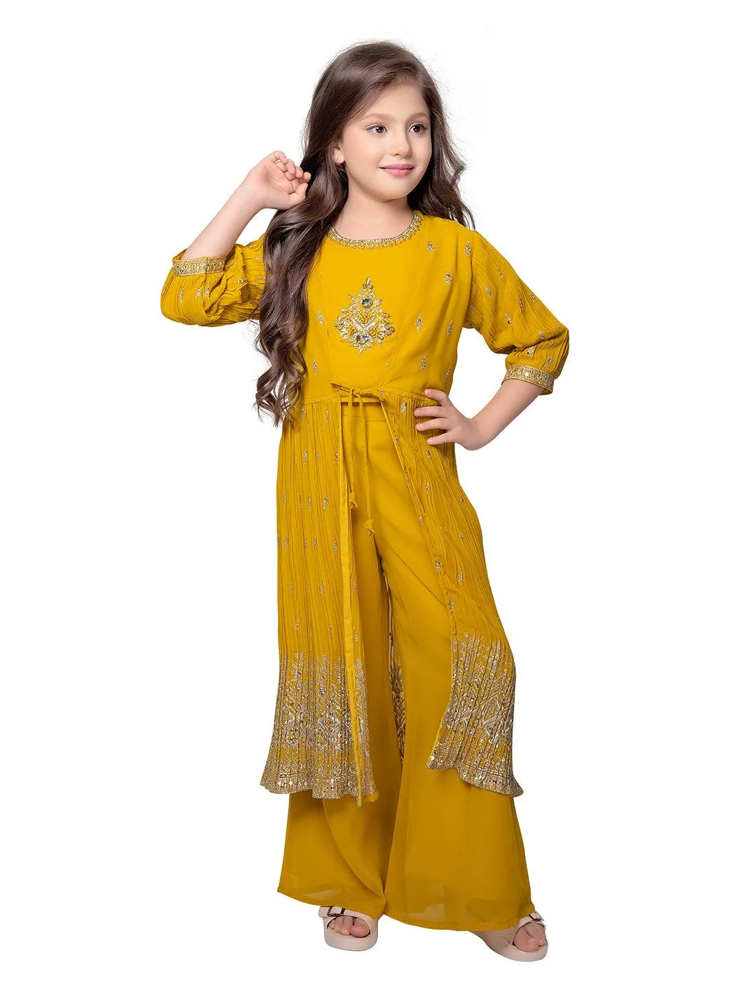 Yellow Embroidered Top with Embroidery Design, Paired with Solid Palazzos and a Stylish Jacket For Girls